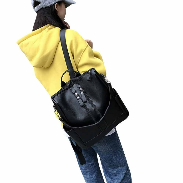 Black Soft Leather Travel Single Shoulder Backpack Handbags Big