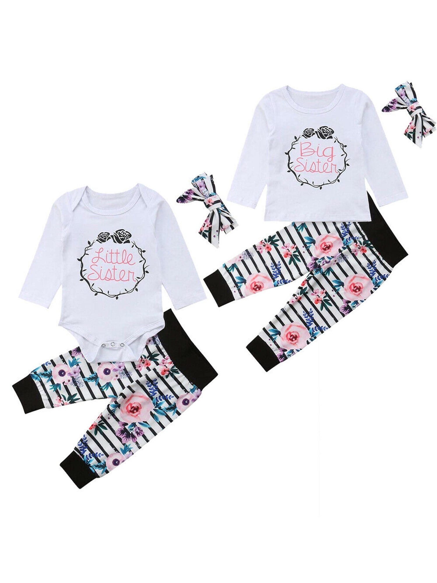3PCS Set Sister Match Clothes Short Sleeve Cotton Romper T-Shirt Tops Bow Shorts Skirt Headband Outfits Princess Girls 