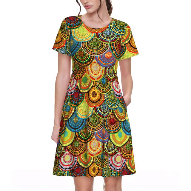 Easygdp Colorful Circle para Vestido Transpirable de Mujer, Vestido Suelto de Manga Corta con Pliegues y Bolsillos para el Verano
