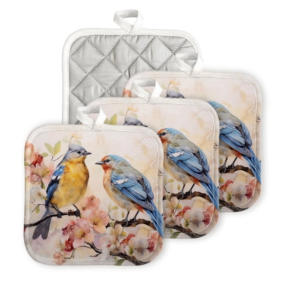 Bahomeck Pot Holder 4Pcs,Two Beautiful Birds Sitting On The Branches Of Blooming Flowers Square Heat Resistant Hot Pads For Kitchen Cooking Oven With Hanging Loop Potholder Easy To Store