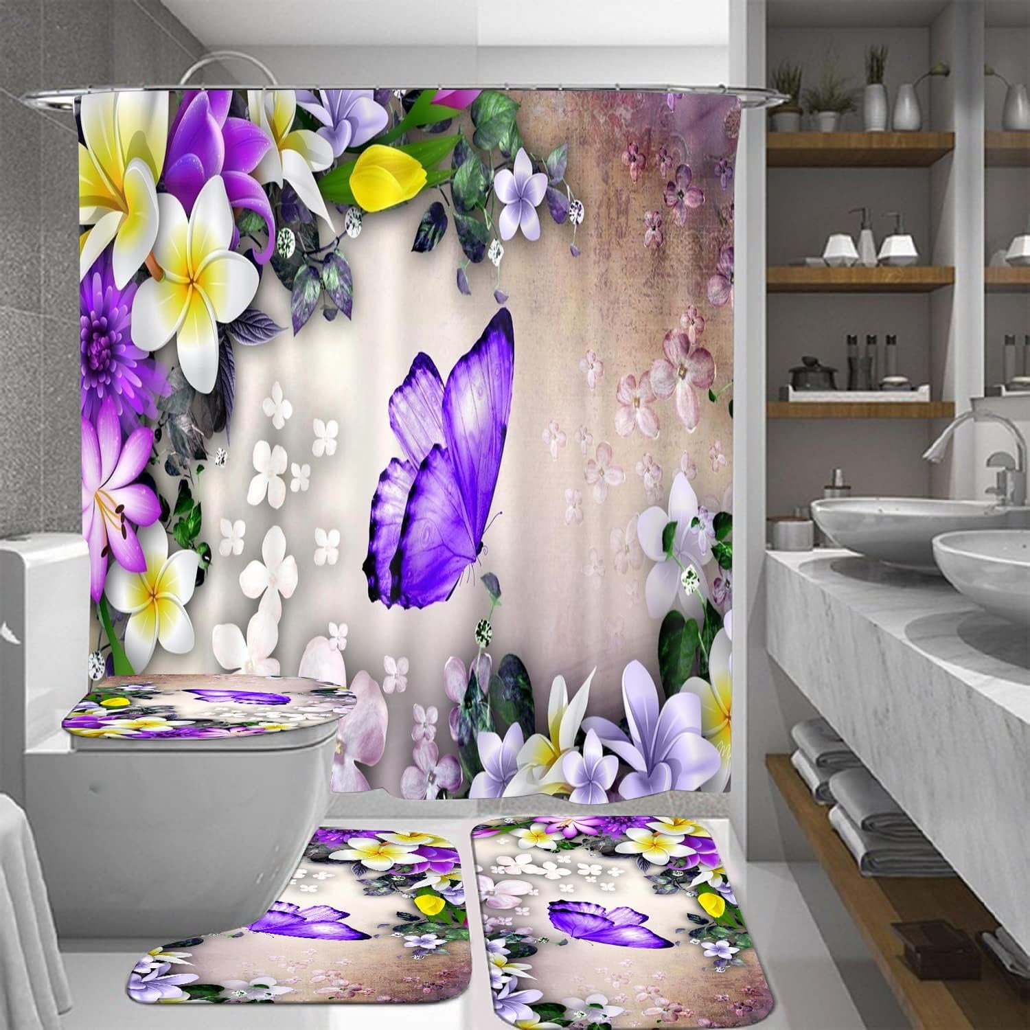 ZHANZZK Retro Purple Flower Bathroom Decor SetsRugs Retro Butterfly 4