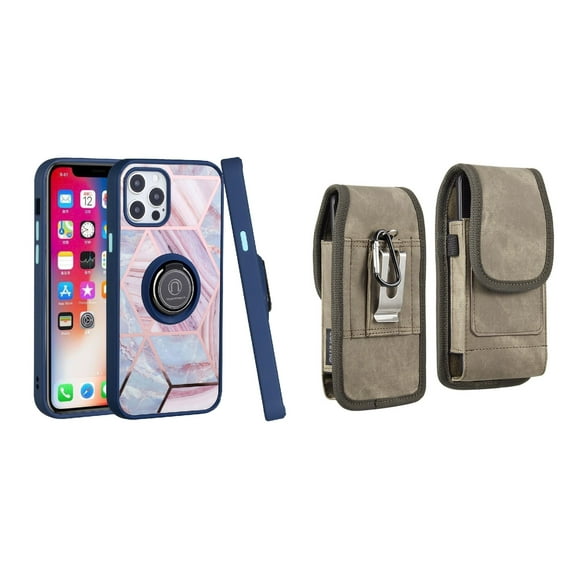 Bemz Ring Series Case for iPhone 14 (TPU Silicone Cover with Magnetic Stand) and Vertical Rugged Denim Nylon Belt Holster Pouch (Blue on Pink Marble/Brown)