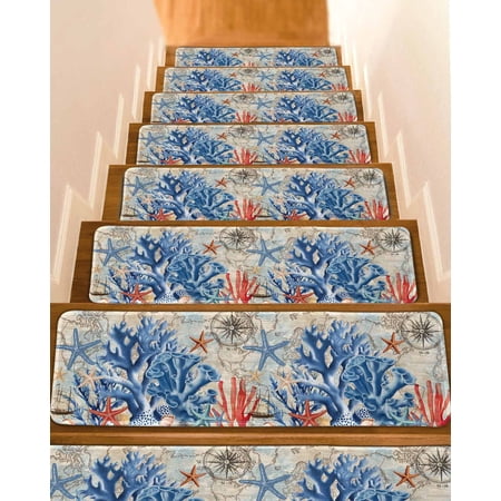 Blue Coral Coastal Stair Treads for Wooden Steps Indoor Runner Rug Carpet Summer Beach Vintage Nautical Starfish 7 Pieces Peel and Stick Staircase Step Treads Covers Washable Throw Door Mats 30 x8