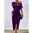 thumbnail image 6 of Women'S Off the Shoulder Asymmetrical Velvet Midi Dress Short Sleeve Ruched Elegant Party Dresses Purple XL, 6 of 8