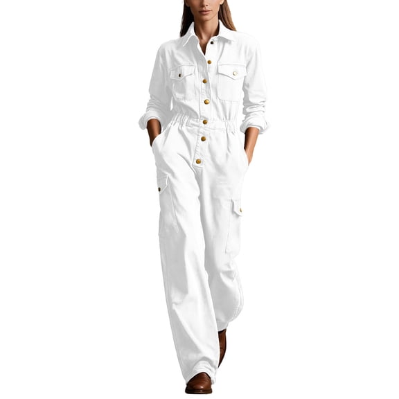 QIYAGBSA Cargo Jumpsuit for Women Long Sleeve Button Down Lapel Utility Pockets Soft Elastic Waist Fall Outdoor Work Hiking Travel Weekend Markets
