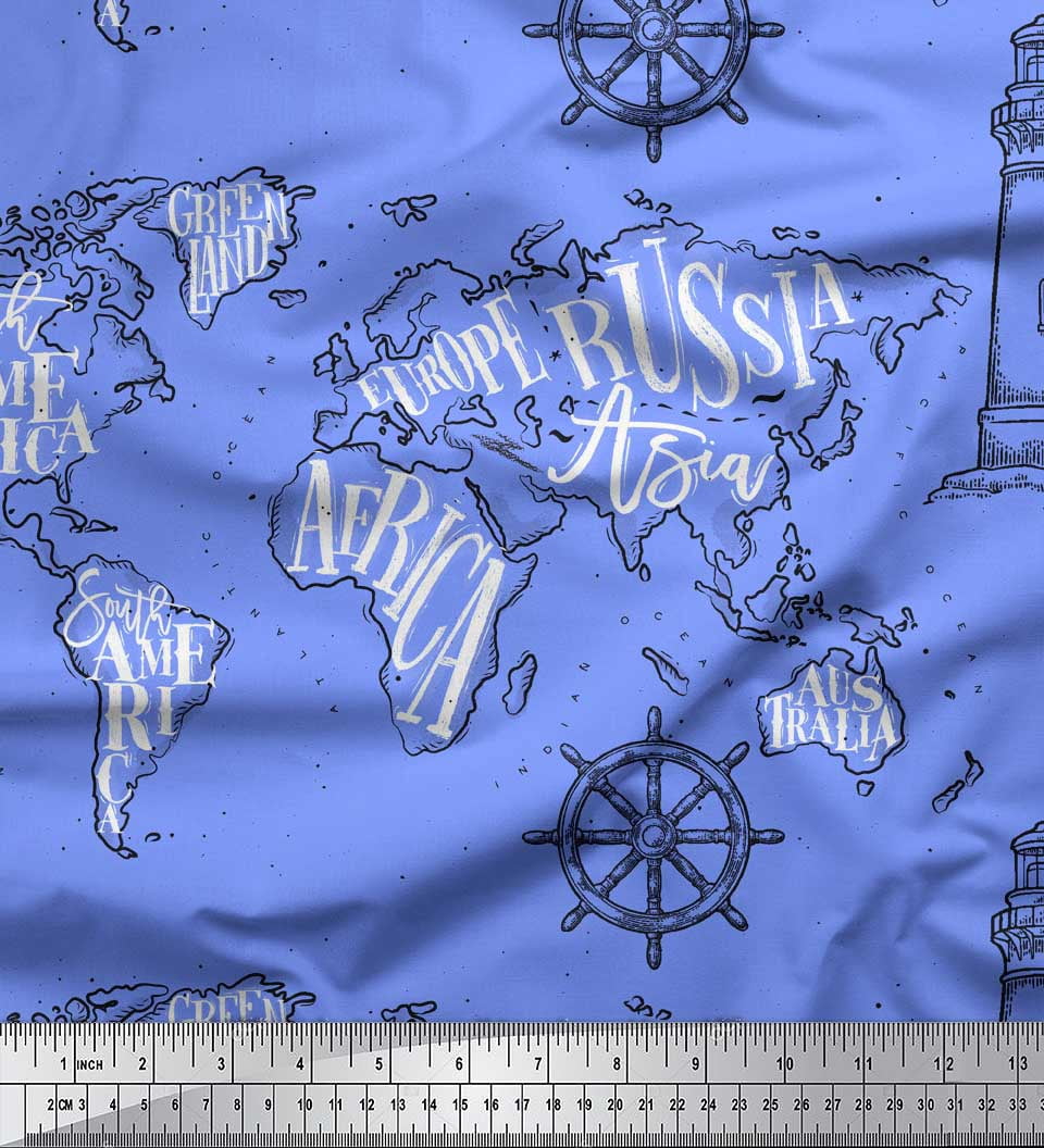 Soimoi Blue Heavy Satin Fabric Direction Compass & Lighthouse Map Print ...