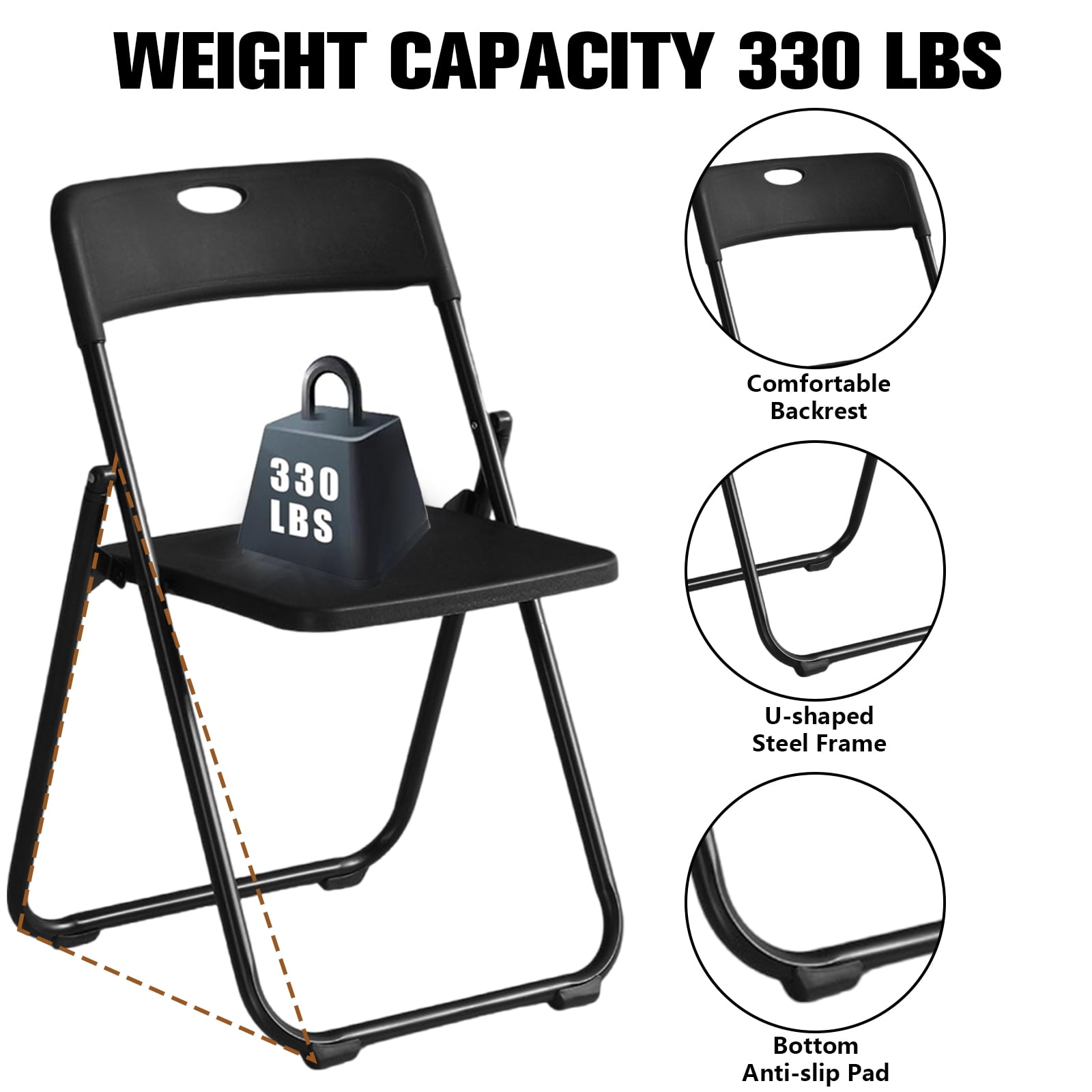 Harigal Black Plastic Folding Chairs, Heavy Duty, 6-Pack, Reinforced Metal Frame, 330 lbs Capacity, Indoor & Outdoor Use