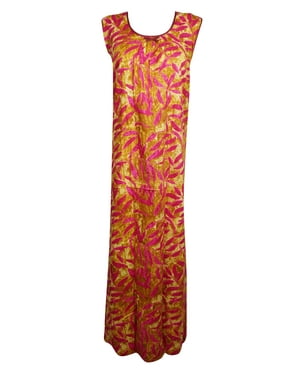 Women Pink Brown Nightwear Cotton Printed Sleepwear Maxi Dress, House Dress Holiday Boho Nightgown, Caftan Dress, L