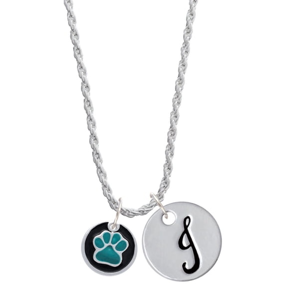 Delight Jewelry Silvertone Teal Paw on Black Disc Silvertone Script Initial Disc - J - Charm Necklace, 20"+3"