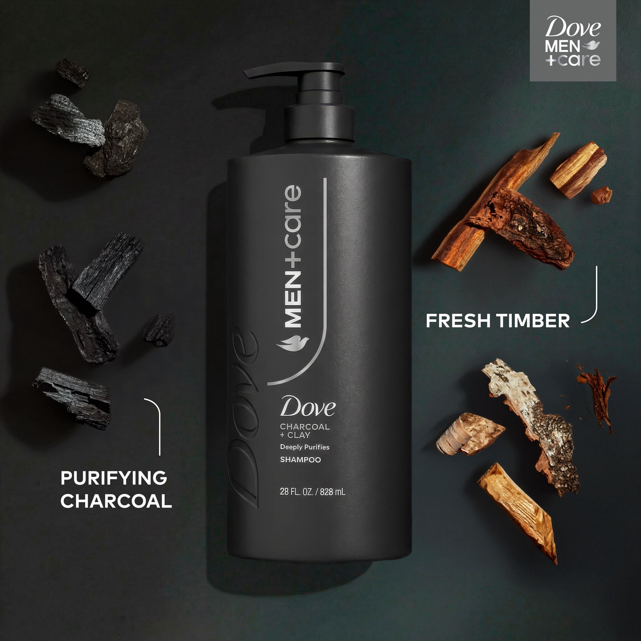 Dove Men+Care Shampoo for Real Hair that Powers Up Hair Strength, Charcoal + Clay with Deep Purifying Benefits, 28 fl oz