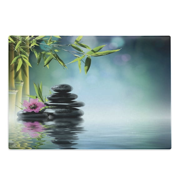 Peace Garden Cutting Board, Pink Flower Spa Stones and Bamboo Tree on the Water Relaxation Theraphy Peace, Decorative Tempered Glass Cutting and Serving Board, Large Size, Multicolor, by Ambesonne