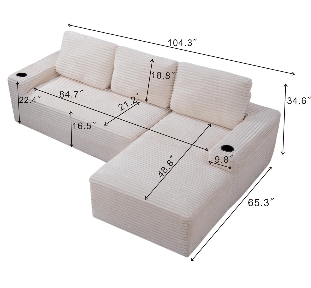 AISWORD 104.3" L-Shaped Modular Sectional Sofa, Corduroy 4-Seater Cloud Couch with Cup Holders & Side Pockets, Boneless Upholstered Sofa, No Assembly, Cream, Right-Facing Chaise