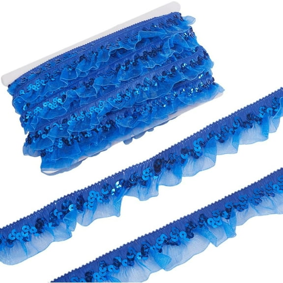 Chinlon Pleated Lace Trim with Sequin for Sewing Gift Package Wrapping Floral Designing Royal Blue 1-1/8 inch(30mm) about 12.03 Yards(11m)/pc
