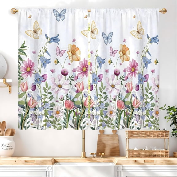 Watercolor Floral Spring Colorful Flower Kitchen Curtains 27.5W X 39L Inch 2 Panels Wildflower Summer Butterfly Small Cafe Tier Short Morning Glory Window Treatment Drapes Bathroom Home Decor