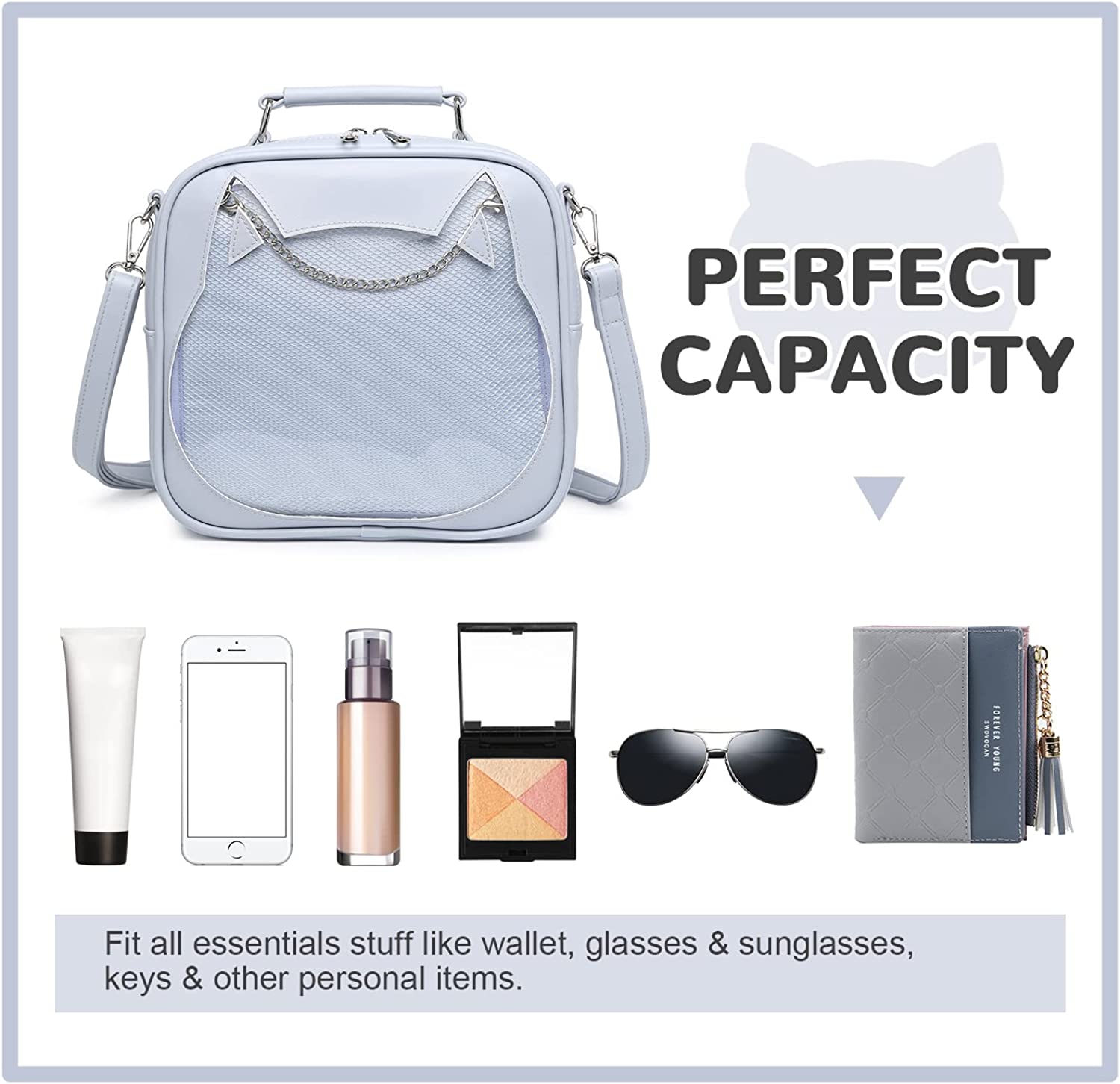 YOUI-GIFTS Women Ita Bag Kawaii Crossbody Purse Cute Cat Messenger Purse Clear Backpack Shoulder Bags Pin Display Bag