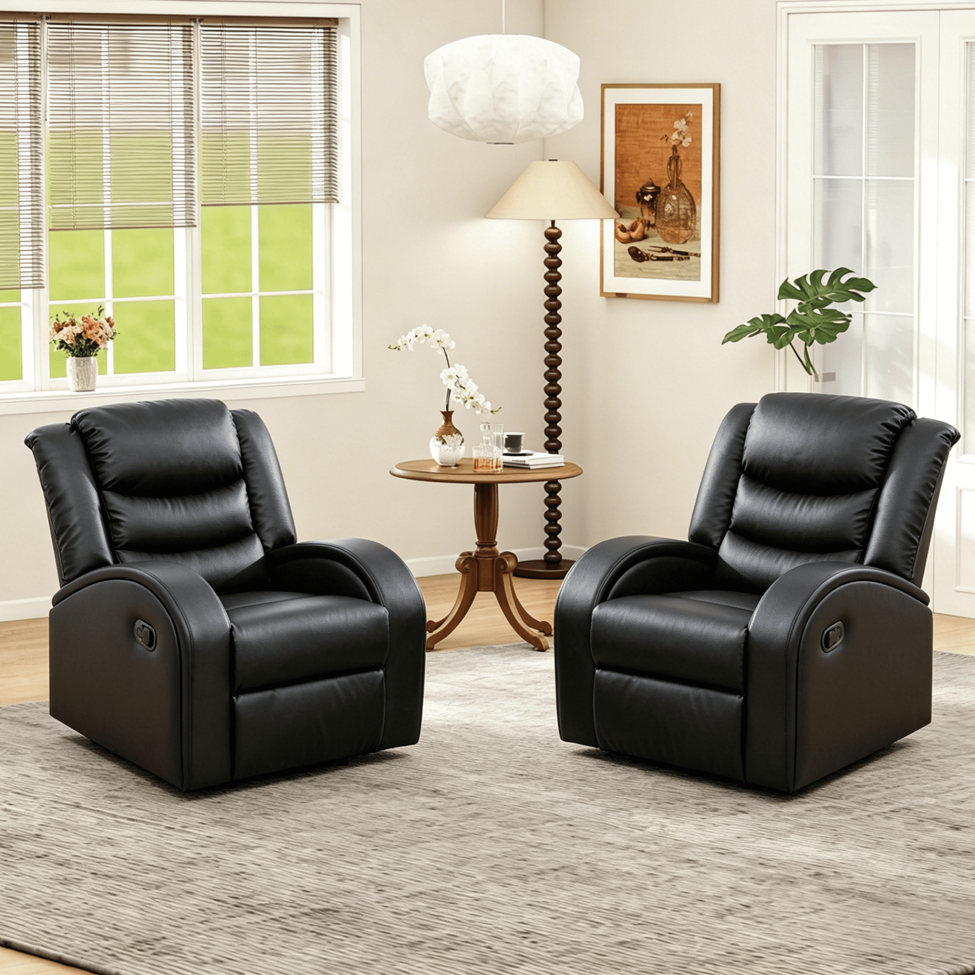 Gewnee PU Manual Recliner Chair Set of 2,Single Sofa Recliners,Adjustable Backrest,Comfort Lazy Chair for Living Room,Bedroom.Black