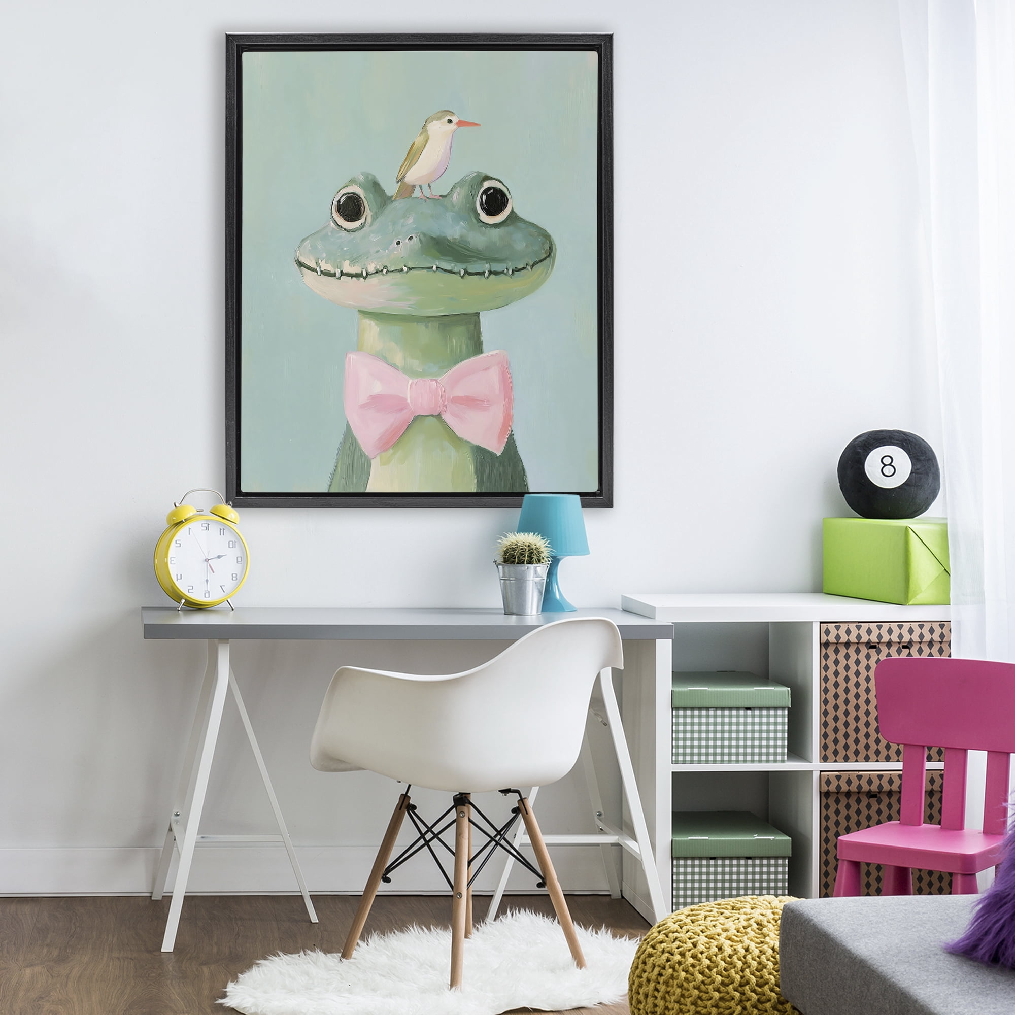 Stupell Industries Crocodile & Bird with Bowtie Black Framed Floater Canvas Wall Art, design by The Prints Vibe