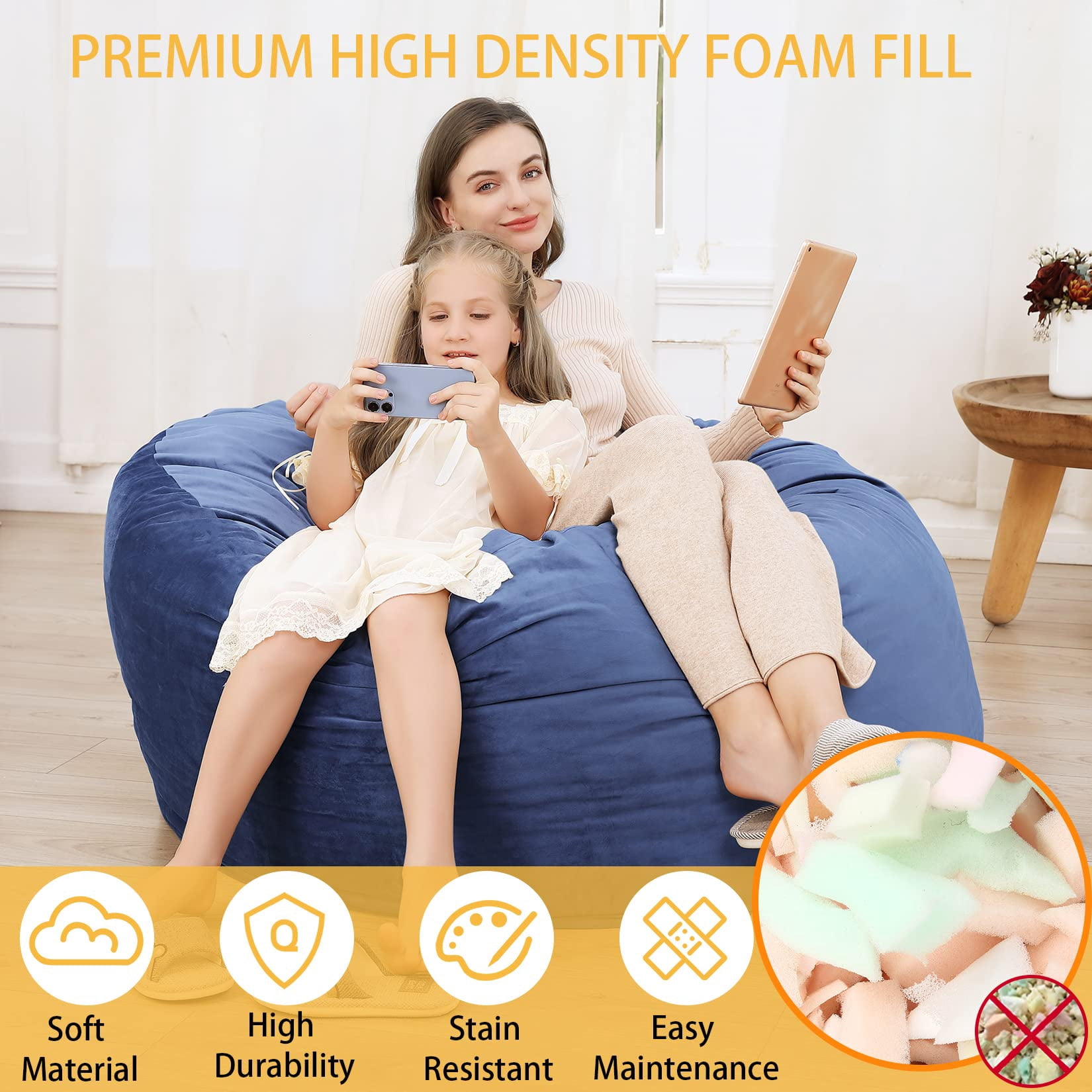 4FT Giant Round Bean Bag Chair for Teens & Adults. Velvet Fabric Foam Filled Lazy Sofa. Gami-ng  Sofa Chair Living Room Furniture