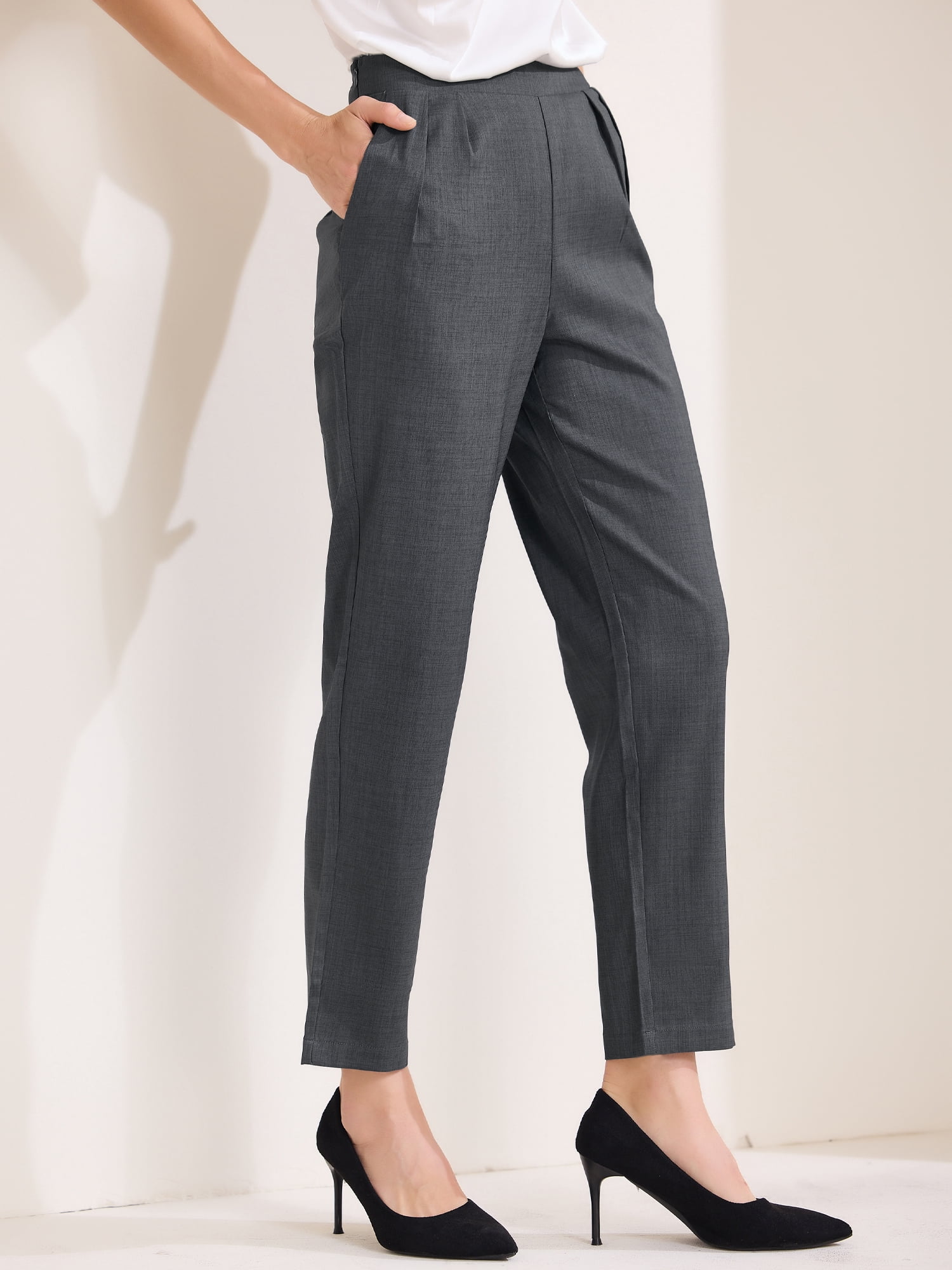 DARING DIVA Women's Straight Leg High Waist Cropped Pants with Slant Pockets XS Dark Grey