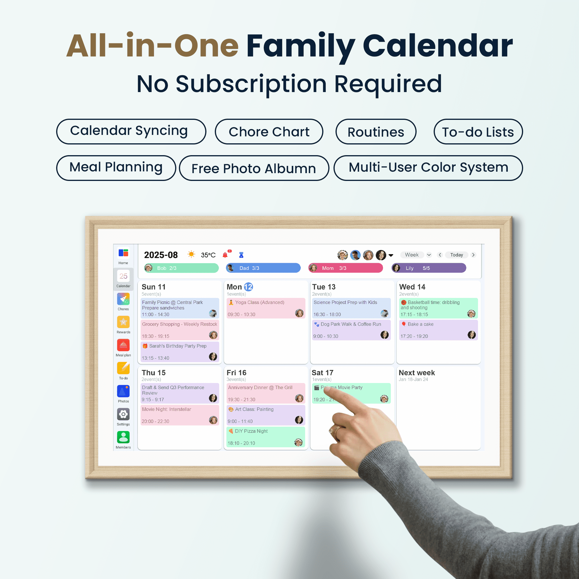 Winnovo 15.6-inch Smart Digital Wall Calendar, Touchscreen Family Planner with Wifi, No Subscription, Wood Frame