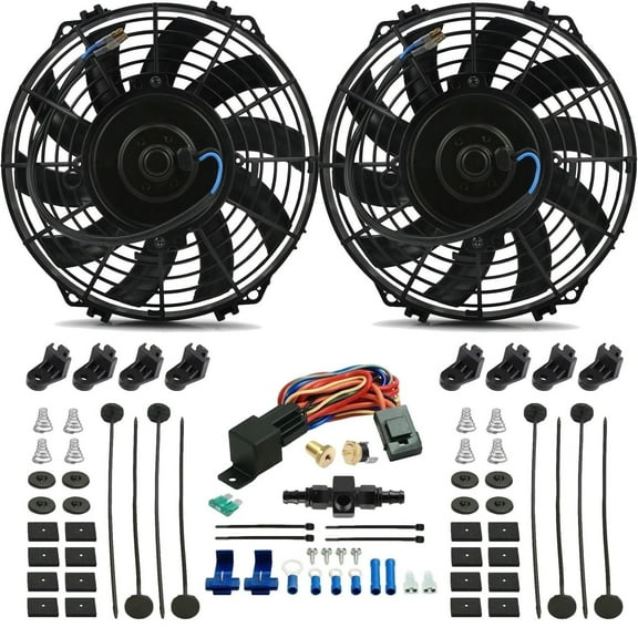 Dual 9 Inch 90w Electric Fans In-Hose Thermostat Temperature Switch Kit