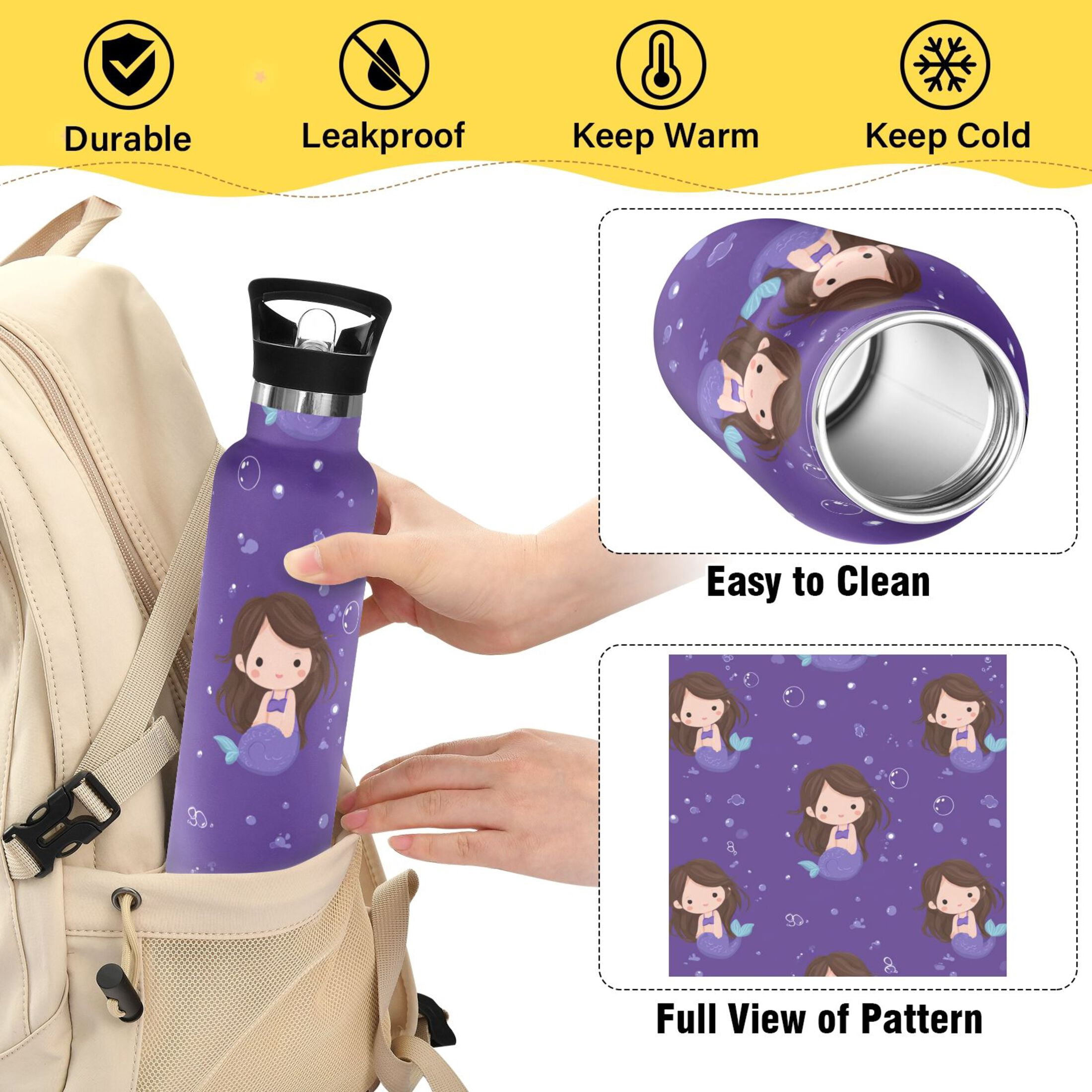 Kids Insulated Stainless Steel Sports Water Bottle 600ml (20oz) Brown Hair Mermaid