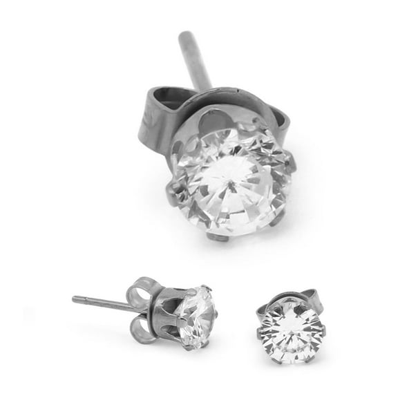 BEBERLINI Women Stud Earrings Cubic Zirconia Silver Stainless Steel Jewelry Round 6 mm