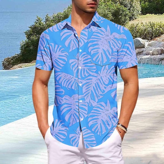 Zylanna Men's Casual Button Down Shirts with Pockets, Collared Breathable Hawaiian Print Short Sleeve Summer Beach Shirts for Men Sky Blue