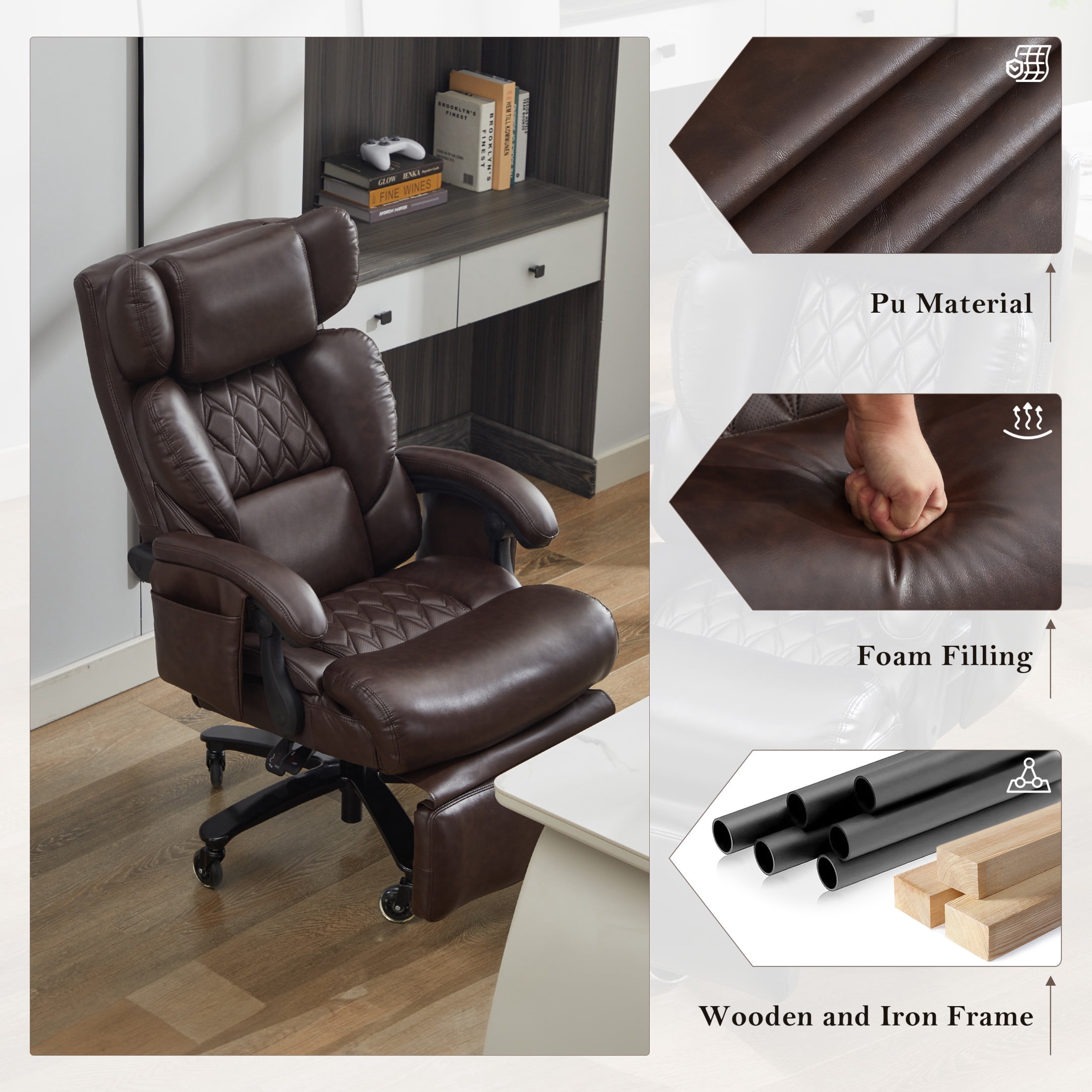 Noble House Cressi Tall Office Chair, High Back Computer Desk Chair with Swivel Base And Universal Wheels, Brown