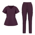 thumbnail image 1 of Stretch Women Nursing Scrubs Set - V Neck Classic Scrubs Medical Uniforms Top Skinny Pants JYC305 WINE M, 1 of 6