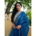 thumbnail image 3 of Janasya Women's Teal Cotton Foil Floral Printed Pant Set with Scarf, 3 of 5