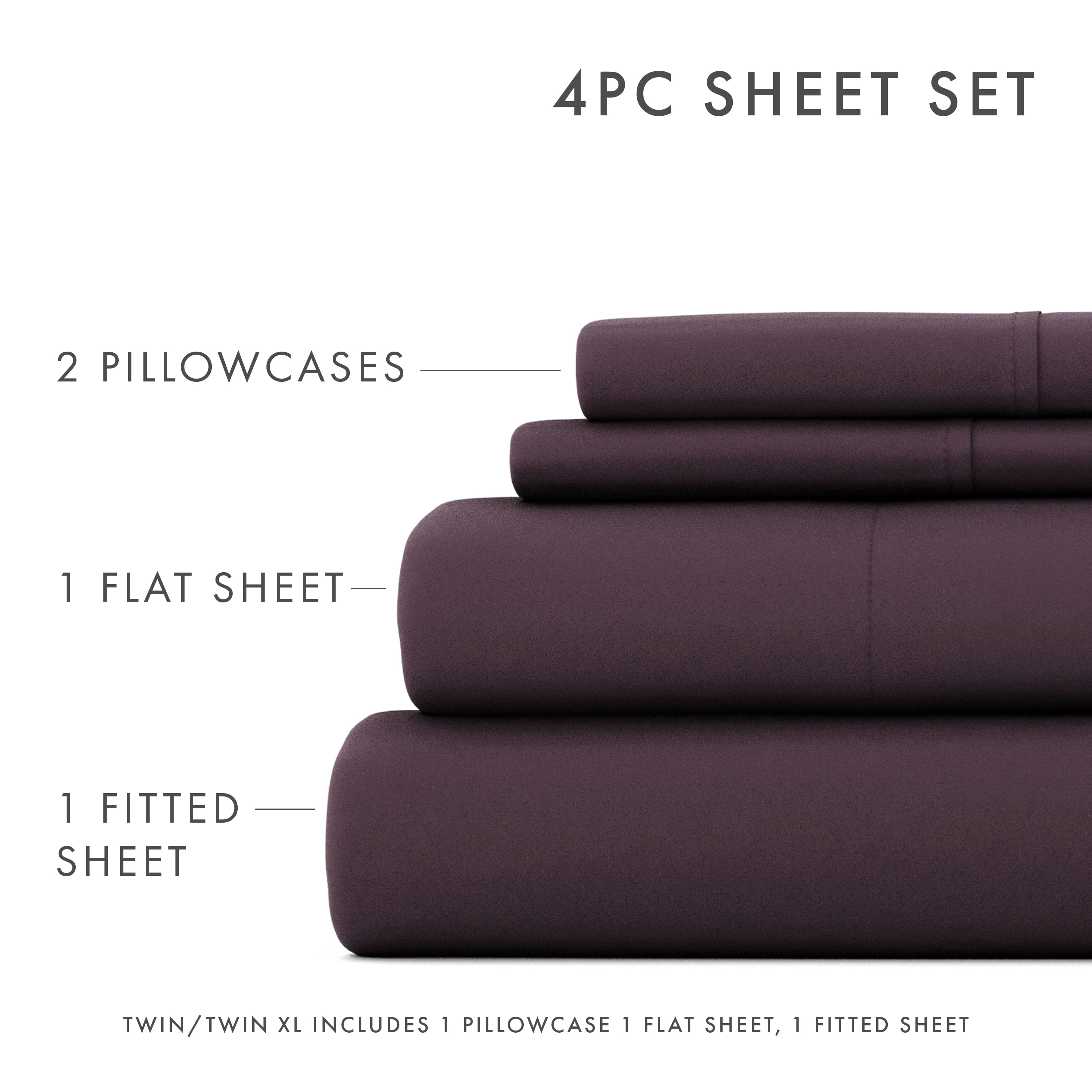 Noble Linens 4 Piece Solid Microfiber Bed Sheet Set, Purple, Twin