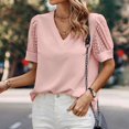 thumbnail image 4 of Top de manga corta de hilo de red de color liso con cuello en V para mujer primavera verano OAVQHLG3B Store  lin121212, 4 of 5