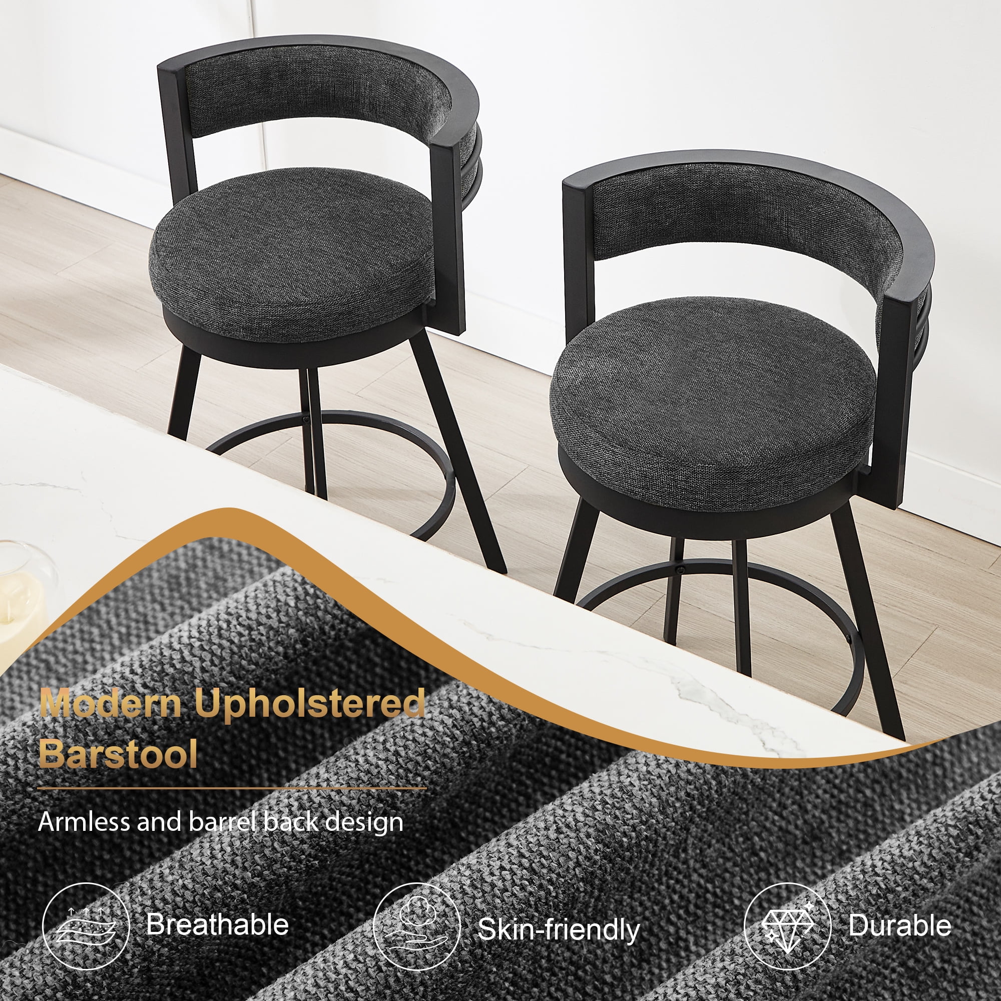 Zesthouse 26.6″ Swivel Bar Stools Set of 2, Linen Upholstered Counter Height Chairs with Barrel Back Metal Legs, Modern Barstools for Kitchen Island, Dark Gray