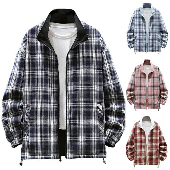 FRSASU Men's Stylish Casual Long Sleeve Stand up Neck Top Casual Full Zip Plaid Top Jackets Pink