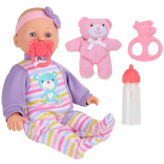 Dream Collection: 14" Baby Doll Maggie - Purple-Pink-Yellow Stripes, Soft Body, Stuffed Teddy Bear, Teether, Magic Bottle, Magnetic Pacifier, Kids 2 
