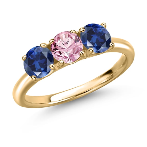 Gem Stone King 10K Yellow Gold Pink Lab Grown Diamond and Blue Created Sapphire Engagement Ring for Women | 1.70 Cttw | Round 5MM | Gemstone April Birthstone | Size 9
