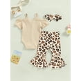thumbnail image 4 of KelaJuan Infant Baby Girls Summer Jumpsuit Set, Short Sleeve Off Shoulder Romper + Leopard/Flower Flare Pants + Bow Headband, 4 of 9