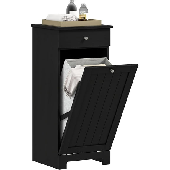 CHAUKY Laundry Hamper with Removable Basket, Tilt Out Hamper with Drawer and Beadboard Door, Bathroom Storage Cabinet, Black