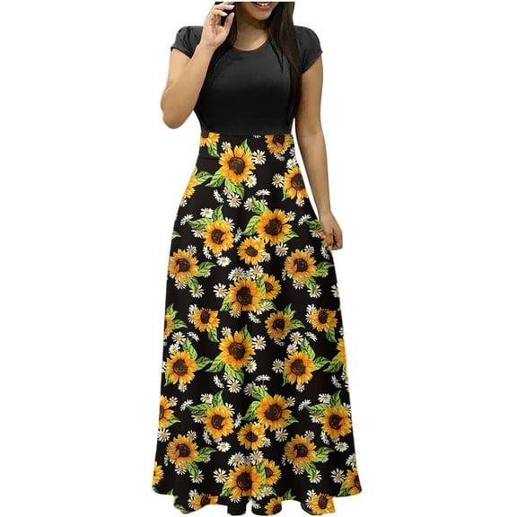 Dresses for Women Plus Size Patchwork Short Sleeve Crew Neck Floral Maxi Dress Casual Party Wedding Guest Dress