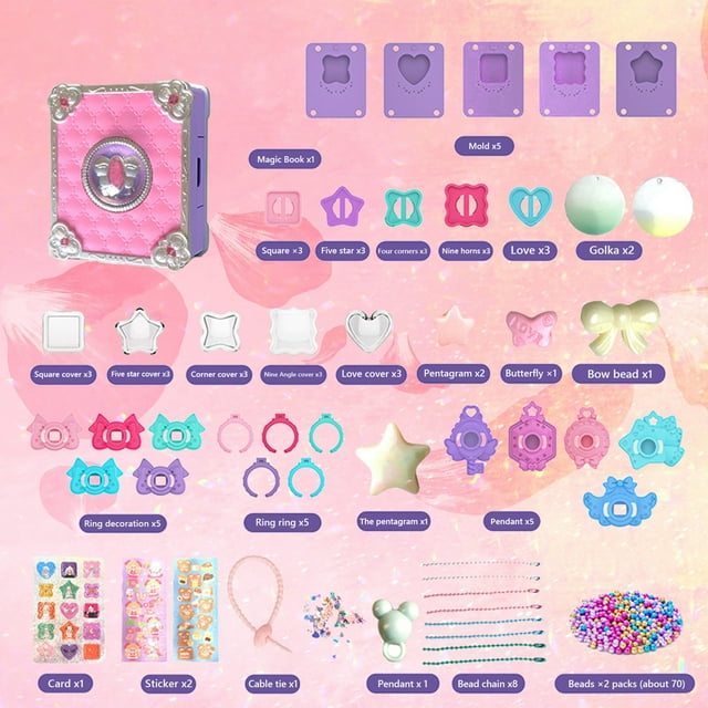 Cameland Kids DIY Beaded Jewelry Making Kit DIY Ring Necklace Maker With Beads Sticker 75PCS