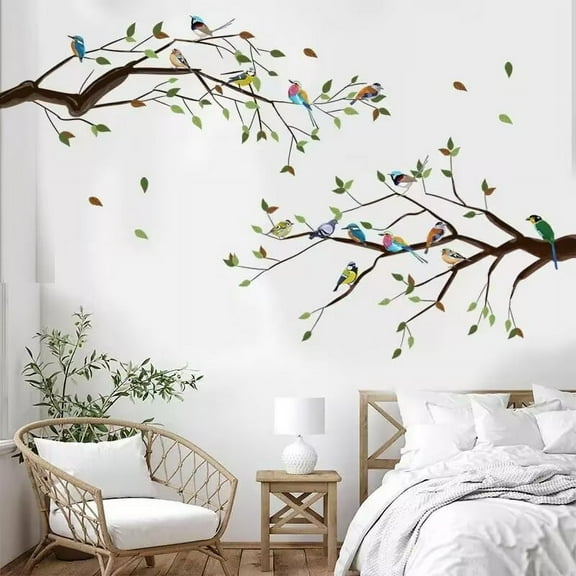 Bird on Tree Branch Wall Decals Watercolor Birds Flower Wall Stickers Bedroom Office Home Decor Peel and Stick Wall Art Decals for Living Room Bedroom TV Wall