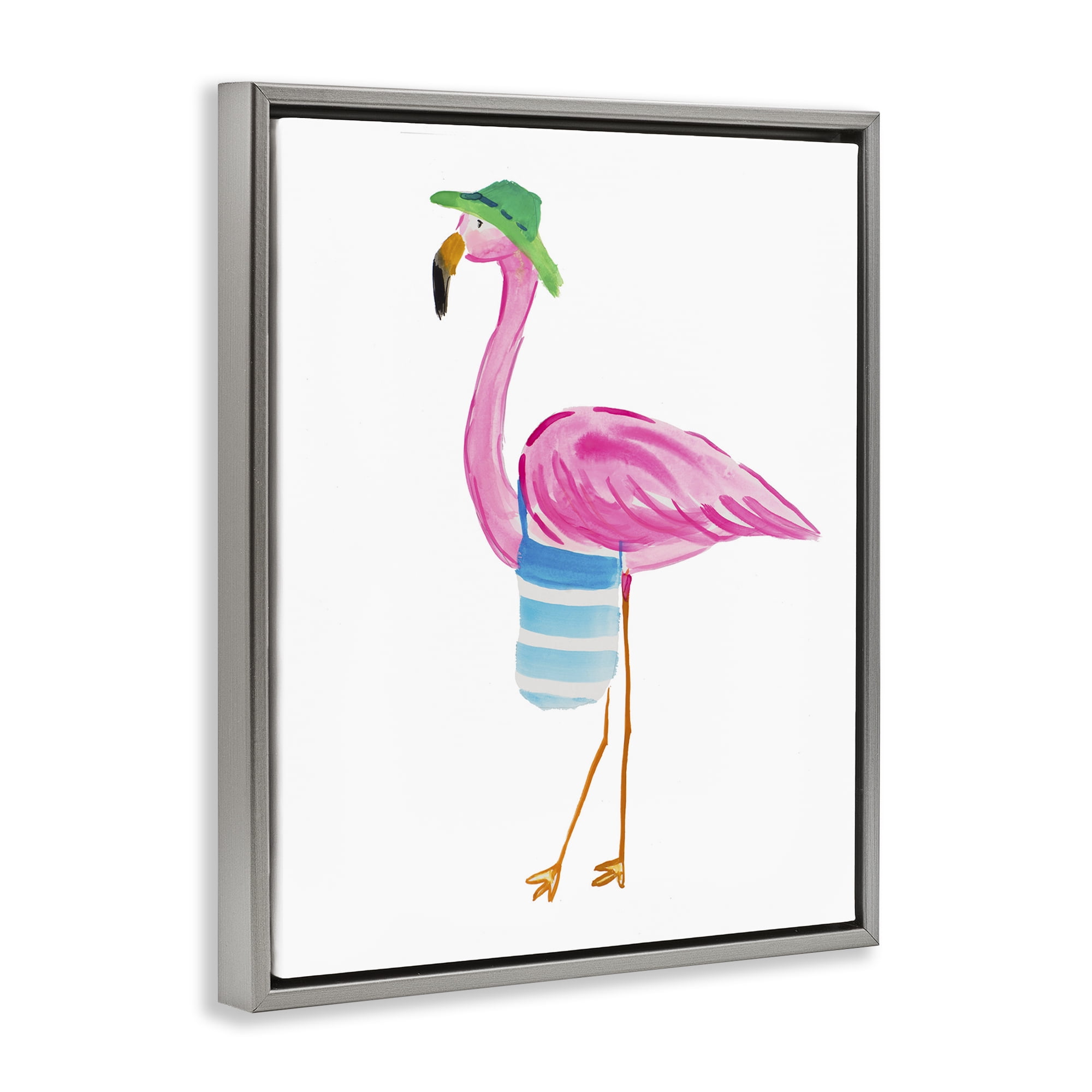 Stupell Industries Flamingo with Beach Tote Animals & Insects Painting Gray Floater Framed Canvas Art Print Wall Art, 25 x 31