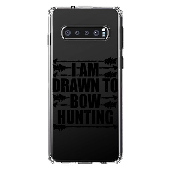 DistinctInk Clear Shockproof Hybrid Case for Samsung Galaxy S10 (6.1" Screen) - TPU Bumper Acrylic Back Tempered Glass Screen Protector - I Am Drawn to Bow Hunting