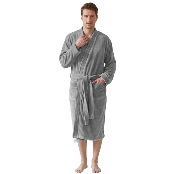 Neweven Men's Towel Robe, Soft Absorbent Kimono Bathrobe, Quick Dry – L/XL, Grey