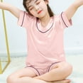 thumbnail image 7 of Toddler Satin Pajamas For Girls Solid Printed Button Down Tops With Shorts 2PCS Summer Girls' Pajama Sets Cute Pjs For Girls 5-6, 7 of 7