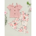 thumbnail image 2 of Suealasg 2Pcs Toddler Kids Girl Summer Clothes 1T 2T 3T 4T 5T Short Sleeve Cold Shoulder Ribbed Tops +Flower Print Flare Pants Little Girl Casual Outfits, 2 of 7