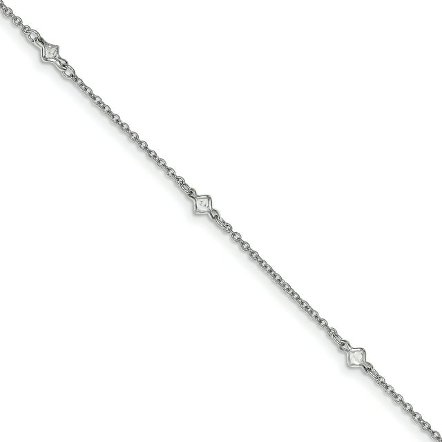 925 Sterling Silver 4.5mm Rhodium-Plated 5 Fancy CZ's Chain Anklet with 1in Extender Length