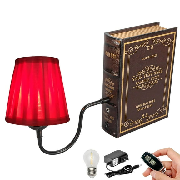 Kiven Cordless Bookshelf Lamp, 1-Light Rechargeable Bookcase Lighting with Red Fabric Lampshade, Farmhouse Decorative Bookend, Cordless Table Lamp for Bedside Bookshelf Office Home Decor