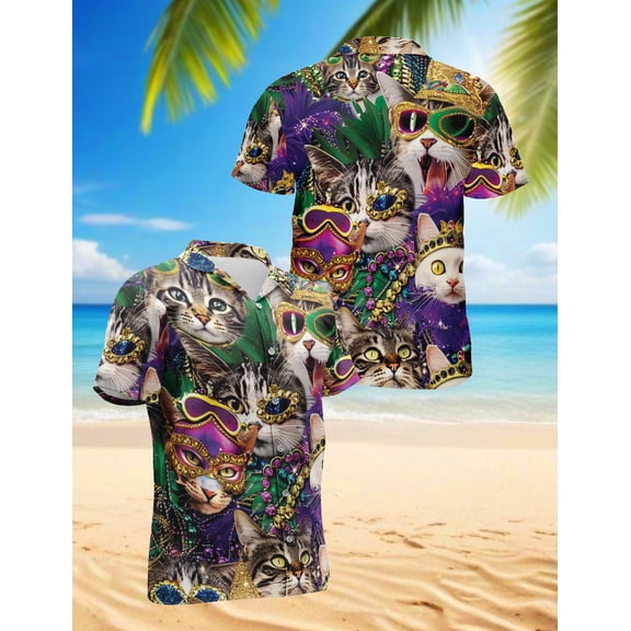 Funny Cat Mardi Gras Hawaiian Shirt for Men, Button Down Summer Beach Short Sleeve, Festive Style, S-5XL